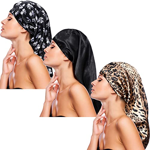 3 Piezas Gorros de Dormir de Satén Largo, Gorra Suelta con Banda Elástica Suave para Cabello Largo, Trenzas, Dreadlocks, Cabello Rizado (Patrón de Leopardo de Lazo)