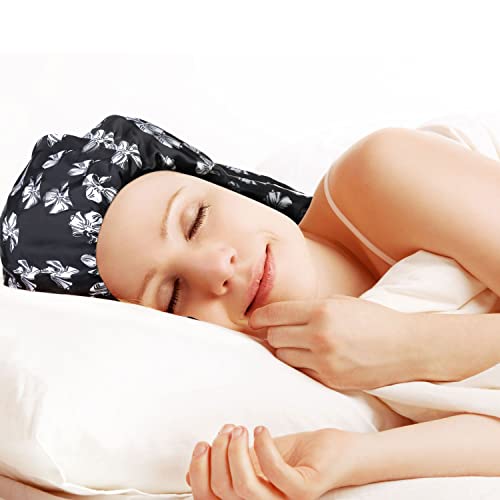 3 Piezas Gorros de Dormir de Satén Largo, Gorra Suelta con Banda Elástica Suave para Cabello Largo, Trenzas, Dreadlocks, Cabello Rizado (Patrón de Leopardo de Lazo)