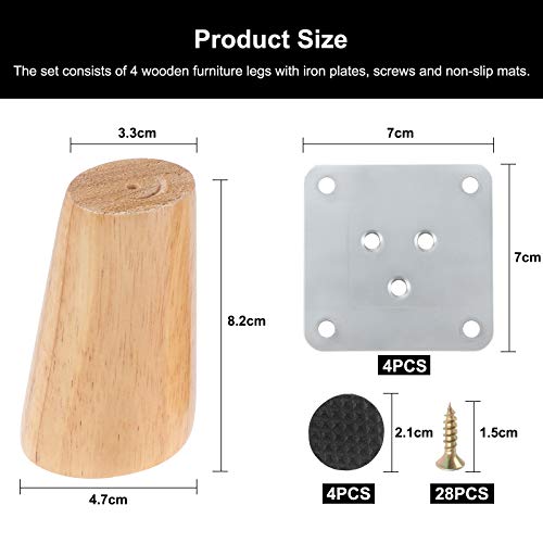 4 Patas de Madera para Muebles, Patas de Sofá de Madera Cónica de Repuesto Sólido de 8 cm con Placa de Montaje, Tornillos y Alfombrillas Antideslizantes Para Mesa de Sofá, Silla, Armario de Té