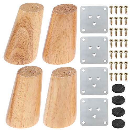 4 Patas de Madera para Muebles, Patas de Sofá de Madera Cónica de Repuesto Sólido de 8 cm con Placa de Montaje, Tornillos y Alfombrillas Antideslizantes Para Mesa de Sofá, Silla, Armario de Té