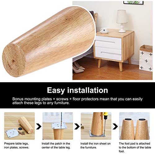 4 Patas de Madera para Muebles, Patas de Sofá de Madera Cónica de Repuesto Sólido de 8 cm con Placa de Montaje, Tornillos y Alfombrillas Antideslizantes Para Mesa de Sofá, Silla, Armario de Té