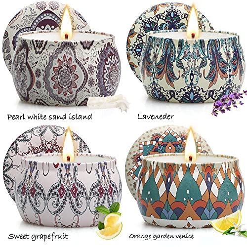 4 Piezas Velas Perfumadas, Regalos Originales para Mujer, 120g Velas Perfumadas, Velas de Cera de Soja, Aromaterapia Velas Decoración,Regalo de San Valentín/Día de la Madre, para Boda/Baño/Yoga