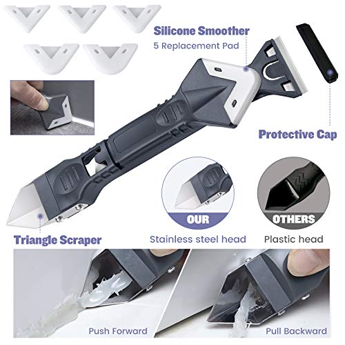 5 en 1 Eliminador Aplicador Silicona Herramienta Kit 15PCS, Lanpard Rascador Juntas Azulejos Acero Inoxidable Rascador Quita Silicona para Baño con Canulas Silicona y Bolsa