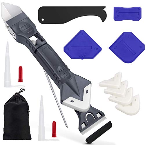 5 en 1 Eliminador Aplicador Silicona Herramienta Kit 15PCS, Lanpard Rascador Juntas Azulejos Acero Inoxidable Rascador Quita Silicona para Baño con Canulas Silicona y Bolsa