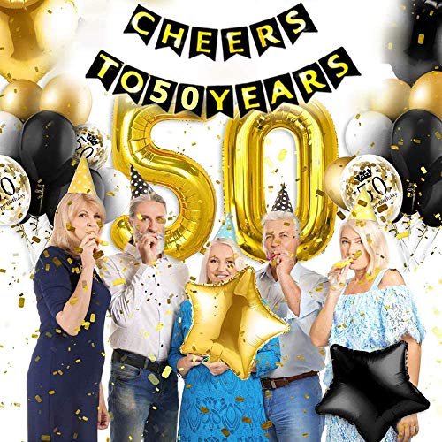50 Cumpleaños Decoraciones 50 Años de Globos de Cumpleaños de Oro Negro Globos de Papel de Confeti de Látex Impresos 50 Globos de Cumpleaños para Adultos Hombres Mujeres