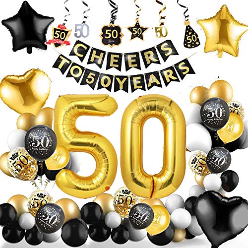 50 Cumpleaños Decoraciones 50 Años de Globos de Cumpleaños de Oro Negro Globos de Papel de Confeti de Látex Impresos 50 Globos de Cumpleaños para Adultos Hombres Mujeres