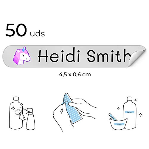 50 Etiquetas Adhesivas Personalizadas para lápices, bolis y rotuladores. Pegatinas escolares con nombre para marcar objetos. Adhesivos resistentes al agua para colegio y guardería Medida 4,6 x 0,6 cm