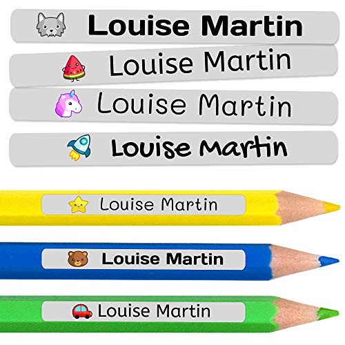 50 Etiquetas Adhesivas Personalizadas para lápices, bolis y rotuladores. Pegatinas escolares con nombre para marcar objetos. Adhesivos resistentes al agua para colegio y guardería Medida 4,6 x 0,6 cm