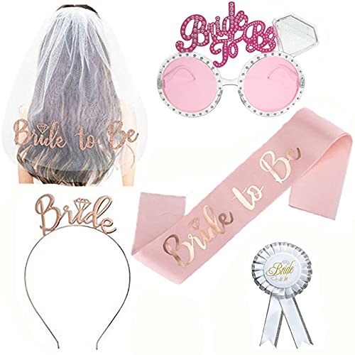 5pcs Despedida de Soltera Accesorios Despedida de Soltera Decoración Velo Blanco con Peine Bride to Be Sash Headband Tiara Gafas Rosas Decoracion Despedida de Soltera y Soltero