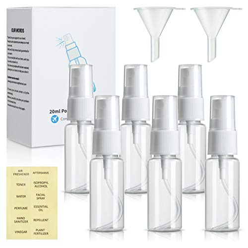 6 botellas de spray de 20 ml, pequeñas botellas rociadoras vacías de tamaño viaje y transparentes para perfume, aceite de cocina con 2 embudos y 12 etiquetas
