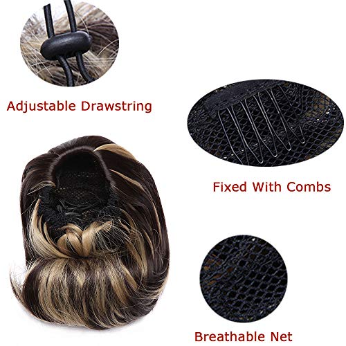 6"(15cm) SEGO Moño Postizo Pelo Sintético Se Ve Natural [del Estilo Hepburn] -Castaño Oscuro/Rubio Ceniza- Coleteros Recogidos Postizos Coleta Postiza Corta para Boda (80g)