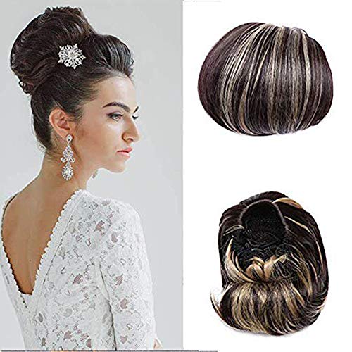 6"(15cm) SEGO Moño Postizo Pelo Sintético Se Ve Natural [del Estilo Hepburn] -Castaño Oscuro/Rubio Ceniza- Coleteros Recogidos Postizos Coleta Postiza Corta para Boda (80g)