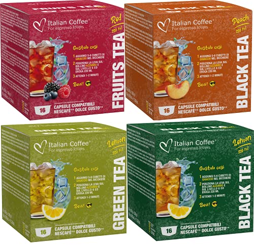 64 Capsulas de Te Helado Dolce Gusto - Degustación 4 Sabores - Te Verde - Frutas del Bosque - Limon - Melocoton