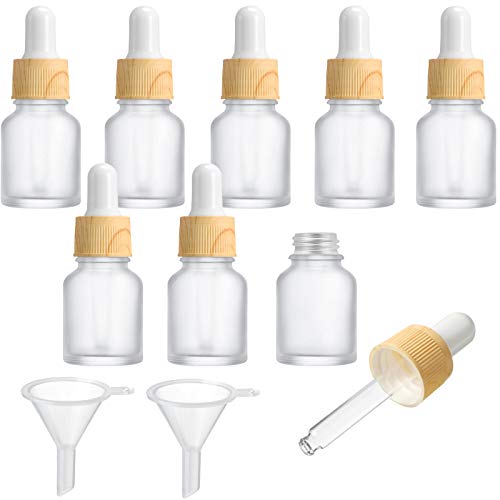 8 Botellas de Cuentagotas de Vidrio Esmerilado Botella de Aceite Esencial con Gotero y Tapa de Bambú Botella de Muestra de Perfume Cosmético Líquido Esencia y 2 Embudos (5 ml/ 0.2 oz)