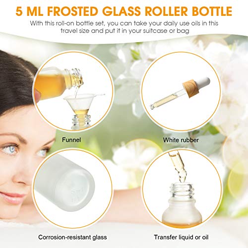 8 Botellas de Cuentagotas de Vidrio Esmerilado Botella de Aceite Esencial con Gotero y Tapa de Bambú Botella de Muestra de Perfume Cosmético Líquido Esencia y 2 Embudos (5 ml/ 0.2 oz)