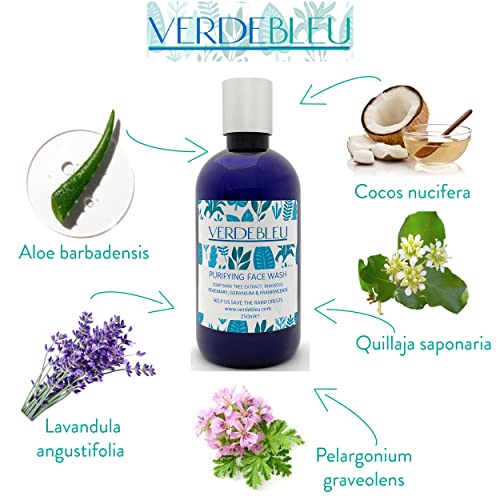 99% Natural GEL JABÓN FACIAL - ALOE VERA, LAVANDA & GERANIO - 250ml de VERDEBLEU Sin Sulfatos, Sin Parabenos. pH 5.5 Equilibrado. Donamos el 5% de Ganancias para Ayudar a Salvar los Bosques Lluviosos