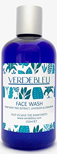 99% Natural GEL JABÓN FACIAL - ALOE VERA, LAVANDA & GERANIO - 250ml de VERDEBLEU Sin Sulfatos, Sin Parabenos. pH 5.5 Equilibrado. Donamos el 5% de Ganancias para Ayudar a Salvar los Bosques Lluviosos