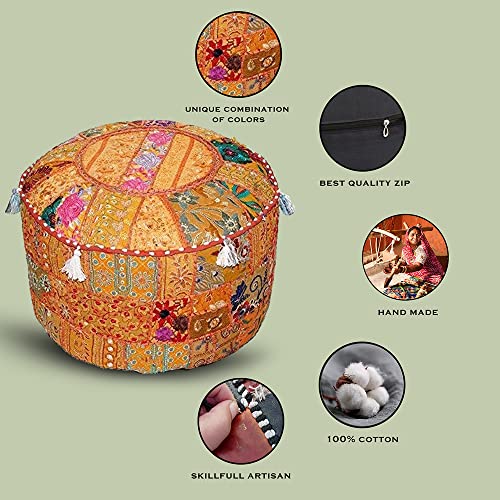 Aakriti Indian Pouf Footstool with Embroidery Pouf, Indian Cotton, Pouf, Ottoman Pouf Cover with Ethnic Decor Art - Cover (Orange, 56x35 cms)