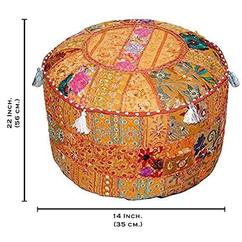 Aakriti Indian Pouf Footstool with Embroidery Pouf, Indian Cotton, Pouf, Ottoman Pouf Cover with Ethnic Decor Art - Cover (Orange, 56x35 cms)