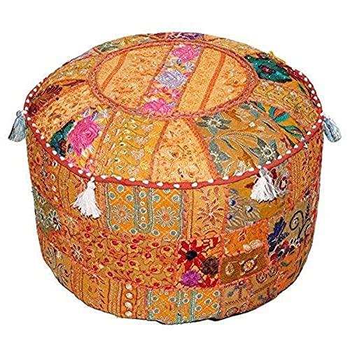 Aakriti Indian Pouf Footstool with Embroidery Pouf, Indian Cotton, Pouf, Ottoman Pouf Cover with Ethnic Decor Art - Cover (Orange, 56x35 cms)