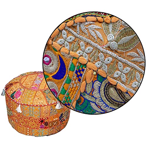 Aakriti Indian Pouf Footstool with Embroidery Pouf, Indian Cotton, Pouf, Ottoman Pouf Cover with Ethnic Decor Art - Cover (Orange, 56x35 cms)