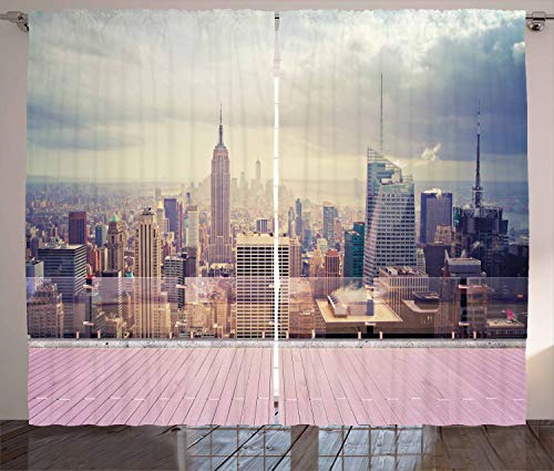 ABAKUHAUS Moderno Cortinas, Nueva York EE.UU. Opinión de la azotea, Sala de Estar Dormitorio Cortinas Ventana Set de Dos Paños, 280 x 175 cm, Gris Blanco y Rosa