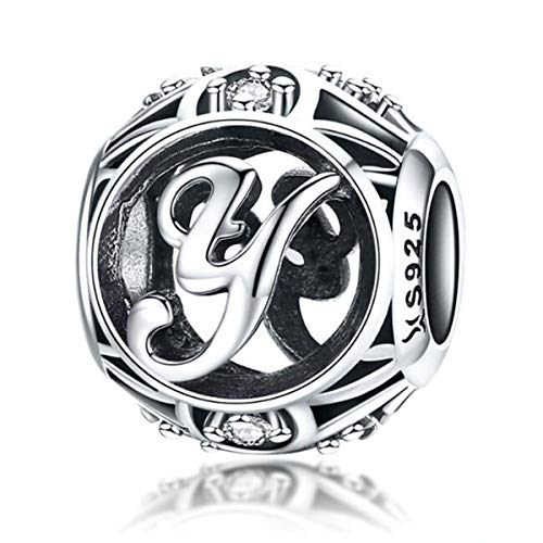 Abalorio de cumpleaños de plata de ley 925 auténtica con inicial de la A a la Z del alfabeto para pulseras Pandora (carta Y)