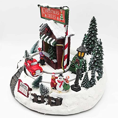 Acan Puesto de Venta árboles Navidad con Luces LED, música y Movimiento 20 x 24 cm, Resina y plástico, poblado navideño, Paisaje montañoso nevado, abetos, Figuras Decorativas de Navidad con luz