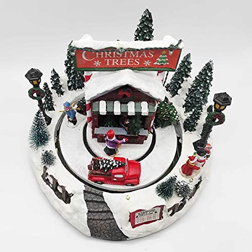 Acan Puesto de Venta árboles Navidad con Luces LED, música y Movimiento 20 x 24 cm, Resina y plástico, poblado navideño, Paisaje montañoso nevado, abetos, Figuras Decorativas de Navidad con luz