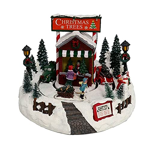 Acan Puesto de Venta árboles Navidad con Luces LED, música y Movimiento 20 x 24 cm, Resina y plástico, poblado navideño, Paisaje montañoso nevado, abetos, Figuras Decorativas de Navidad con luz