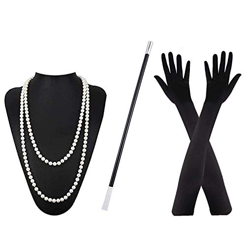 Accesorios Anos 20 para Mujer 1920s Flapper Accesorios Collar Guantes Negros Largos Accesorios de Mano Great Gatsby para la Fiesta Temática Great Gatsby
