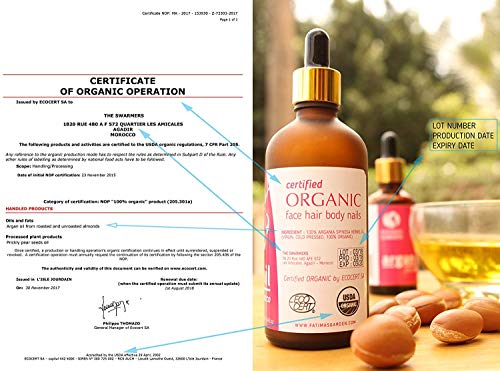 Aceite de argán de Marruecos de Fatima’s Garden - Certificado 100% orgánico por Ecocert y USDA, humectante para rostro, cuerpo, uñas para una piel suave, luminosa, cabello fuerte-100ml