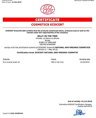 Aceite de Argán puro 100 ml. 100 % puro y certificado orgánico Ecocert. Para cara, cuerpo, pelo y uñas. Prensado en frío, calidad suprema, aceite marroquí