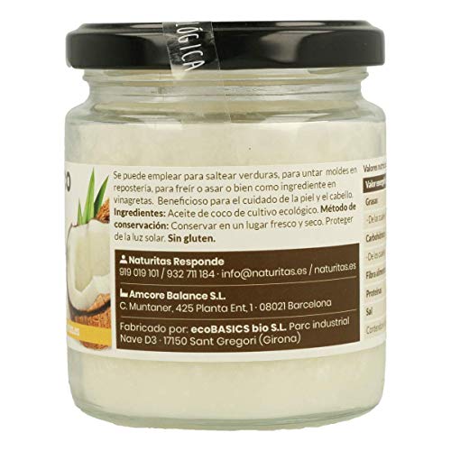 Aceite de Coco Sin Gluten 200ml Naturitas | Virgen extra | bio | Efecto antibacteriano | Perfecto para cocinar | Hidratante de cabello y piel | Vitamina E | Apto para veganos | Sin gluten