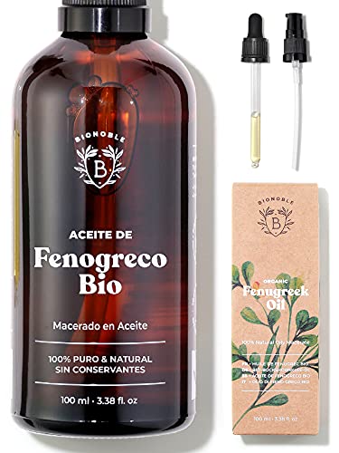 ACEITE DE FENOGRECO ORGÁNICO | Aceite Macerado de Semillas de Fenogreco y Aceite de Girasol | Cuerpo, Pecho, Glúteos, Cabello | Vegano y Cruelty Free | Botella de vidrio + Pipeta + Bomba (100ml)