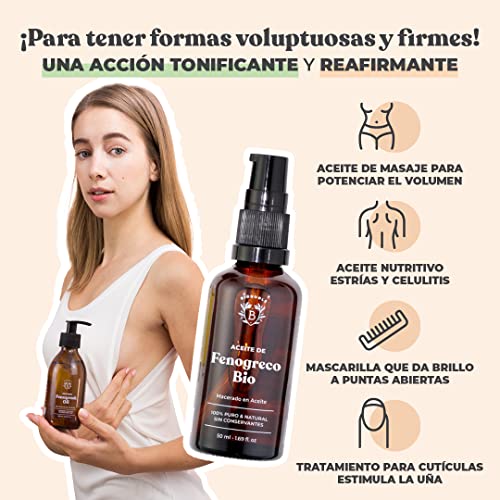 ACEITE DE FENOGRECO ORGÁNICO | Aceite Macerado de Semillas de Fenogreco y Aceite de Girasol | Cuerpo, Pecho, Glúteos, Cabello | Vegano y Cruelty Free | Botella de vidrio + Pipeta + Bomba (50ml)