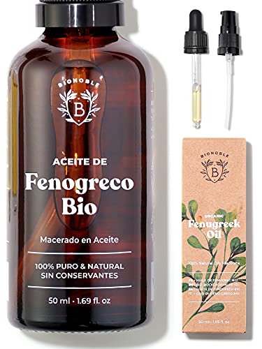 ACEITE DE FENOGRECO ORGÁNICO | Aceite Macerado de Semillas de Fenogreco y Aceite de Girasol | Cuerpo, Pecho, Glúteos, Cabello | Vegano y Cruelty Free | Botella de vidrio + Pipeta + Bomba (50ml)