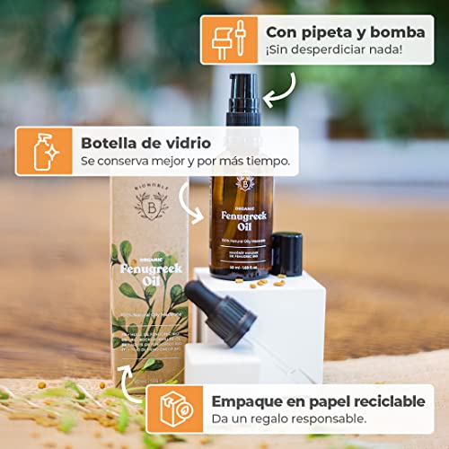 ACEITE DE FENOGRECO ORGÁNICO | Aceite Macerado de Semillas de Fenogreco y Aceite de Girasol | Cuerpo, Pecho, Glúteos, Cabello | Vegano y Cruelty Free | Botella de vidrio + Pipeta + Bomba (50ml)