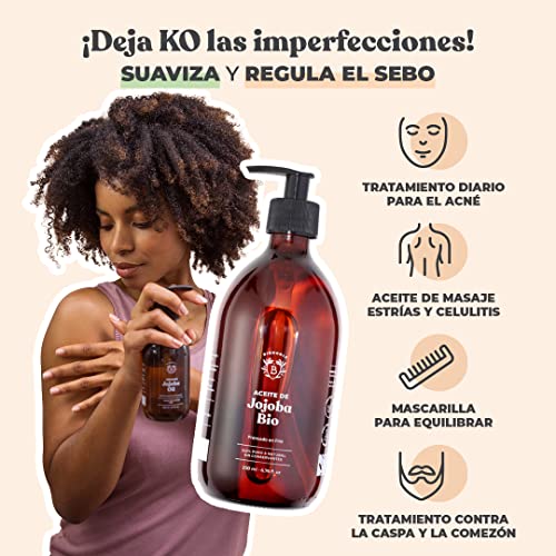 ACEITE DE JOJOBA ORGÁNICO | 100% Puro, Natural y Prensado en Frío | Rostro, Cuerpo, Cabello, Barba, Uñas | Vegano y Cruelty Free | Jojoba Oil | Botella de Vidrio + Bomba (200ml)