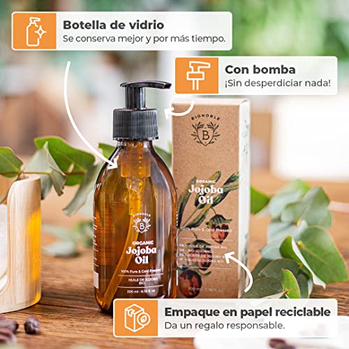 ACEITE DE JOJOBA ORGÁNICO | 100% Puro, Natural y Prensado en Frío | Rostro, Cuerpo, Cabello, Barba, Uñas | Vegano y Cruelty Free | Jojoba Oil | Botella de Vidrio + Bomba (200ml)