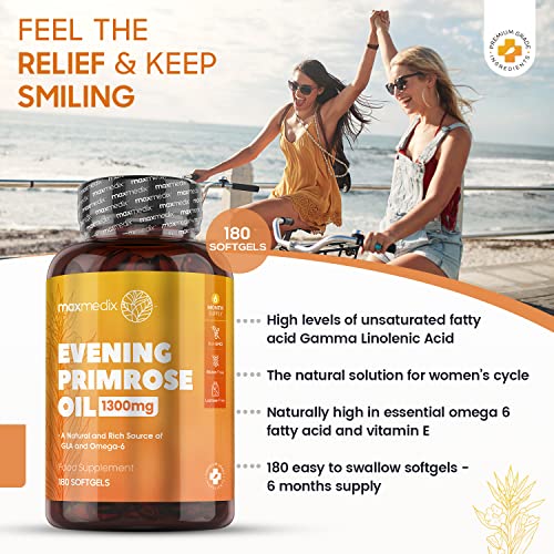 Aceite de Onagra 1300 mg 120 Cápsulas - Suplemento Natural de 4 Meses de Suministro, Fuente de Ácidos Grasos Omega 6 del Ácido Linoleico y Gamma Linolénico, Aceite de Onagra por Prensado en Frío