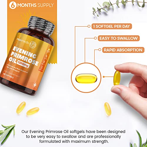 Aceite de Onagra 1300 mg 120 Cápsulas - Suplemento Natural de 4 Meses de Suministro, Fuente de Ácidos Grasos Omega 6 del Ácido Linoleico y Gamma Linolénico, Aceite de Onagra por Prensado en Frío