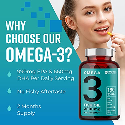 Aceite de pescado Omega 3 - 180 cápsulas de alta resistencia - 990mg EPA y 660mg de DHA por porción diaria - Suministro de 2 meses