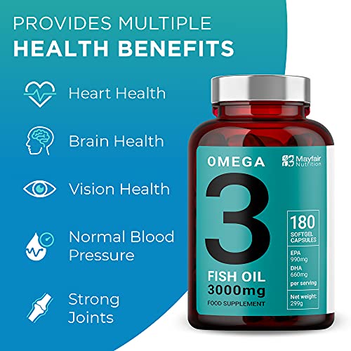 Aceite de pescado Omega 3 - 180 cápsulas de alta resistencia - 990mg EPA y 660mg de DHA por porción diaria - Suministro de 2 meses