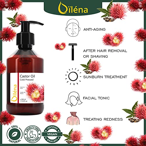Aceite de Ricino Puro, Castor Oil, Acelera el Crecimiento del Pelo, Pestañas, Barba y Uñas. Prensado en Frío. Con Sérum Anticaída para Cabello de Hombre y Mujer. 100% Vegano 500 ml