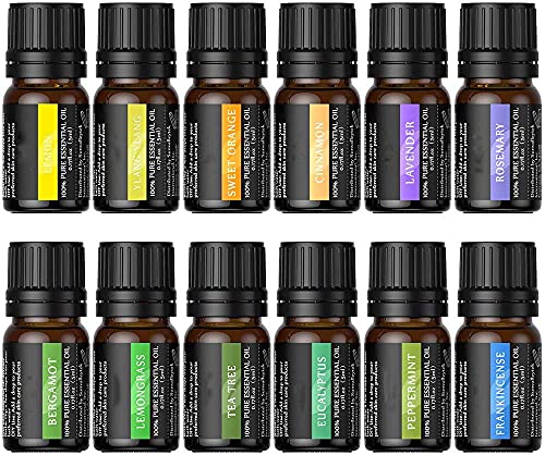 Aceite Esencial de Aromaterapia 12*5ml- Juego de Aceite 100% Puro, Lavanda, Naranja Dulce, Árbol de Té, Eucalipto, Hierba de Limón, Menta, Bergamota, Incienso, Limón, Romero, Canela y Ylang-Ylang