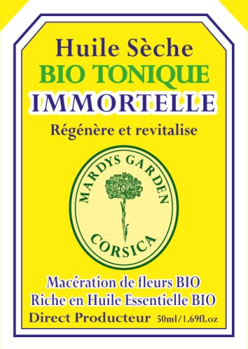 Aceite Seco Helichrysum 50ml. 100% Natural. Multiusos para el Pelo, Cuerpo, Cara. Rica en aceites esenciales orgánicos de Helicriso Italiano (Helichrysum Italicum) y Mirto Corso (Myrtus Communis)