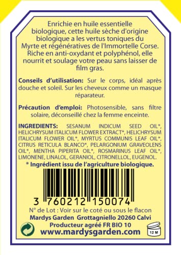 Aceite Seco Helichrysum 50ml. 100% Natural. Multiusos para el Pelo, Cuerpo, Cara. Rica en aceites esenciales orgánicos de Helicriso Italiano (Helichrysum Italicum) y Mirto Corso (Myrtus Communis)