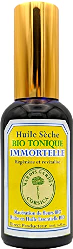 Aceite Seco Helichrysum 50ml. 100% Natural. Multiusos para el Pelo, Cuerpo, Cara. Rica en aceites esenciales orgánicos de Helicriso Italiano (Helichrysum Italicum) y Mirto Corso (Myrtus Communis)