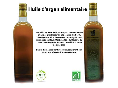 Aceite vivero ARGAN alimentario del Marruecos ecológico Ecocert, 1 litro torreado prensado en frío (1 litro de cristal).